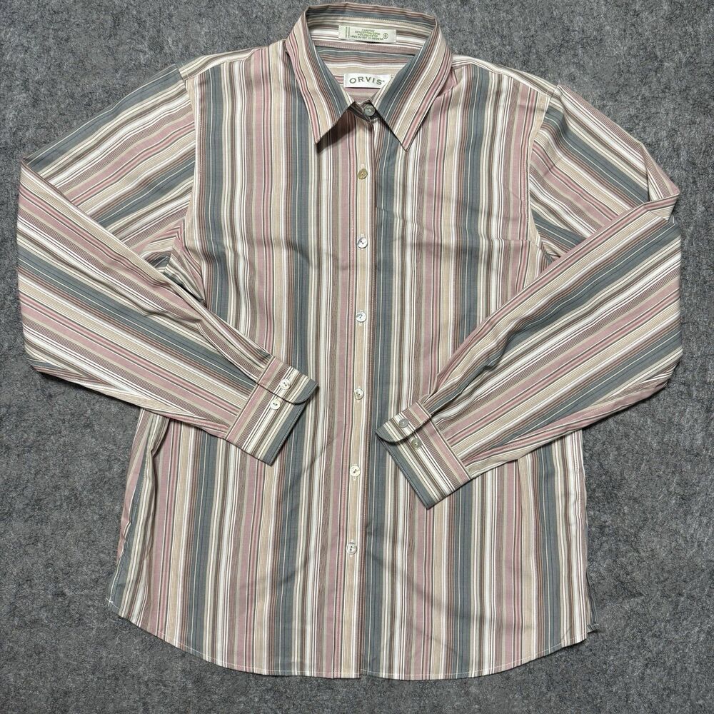 Vintage 90s Orvis Carefree Shirt Womens Size 6 Striped Button Down Earth Tone LS